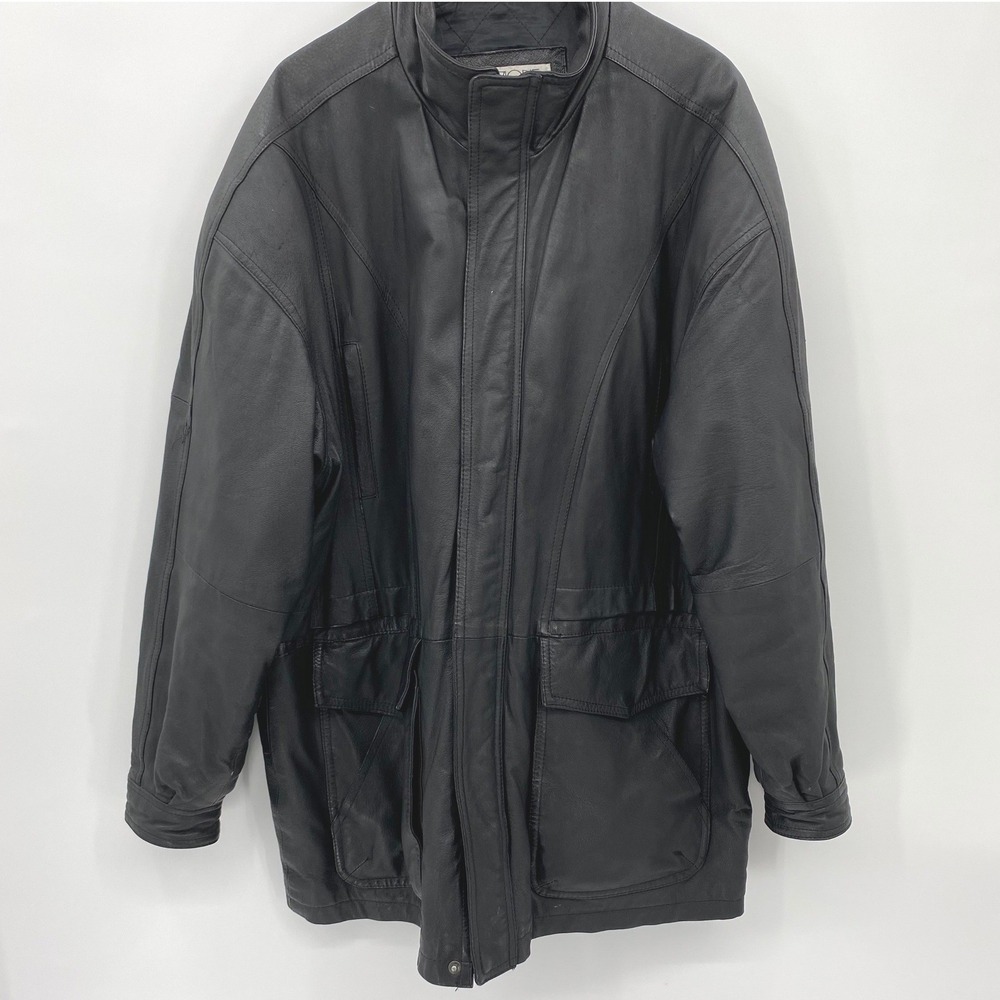 Men's Black Leather Jacket Mid Length Zipper Pockets Full Zip Collar Vintage VTG